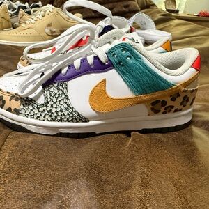 Nike Women’s White Sneakers with Teal, Purple, Gold & Leopard Accents